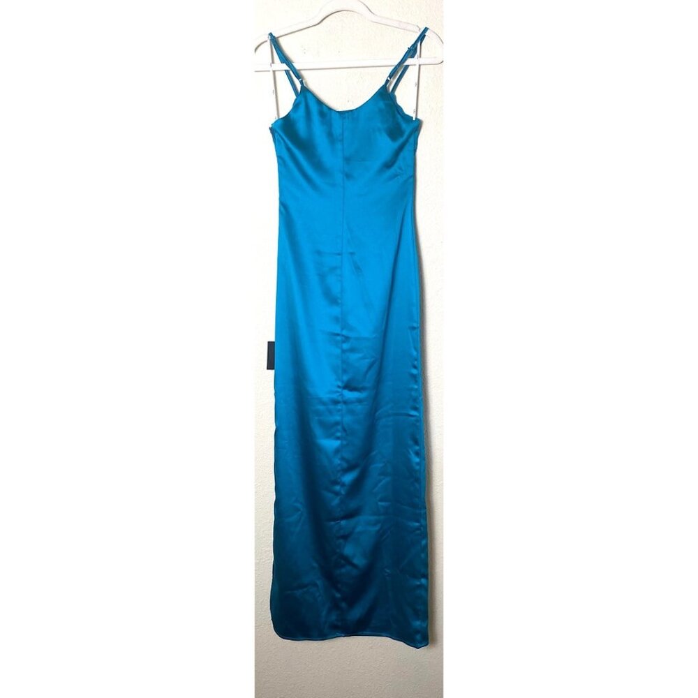 NWT Lulus Easy Radiance Satin Slip Maxi Dress Sleeveless Leg Slit Gown Teal Blue - Picture 4 of 7